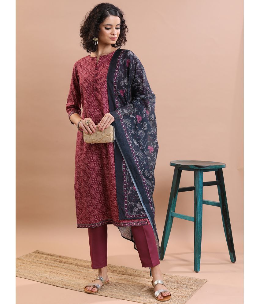    			Ketch Polyester Printed Kurti With Pants Women's Stitched Salwar Suit - Maroon ( Pack of 1 )