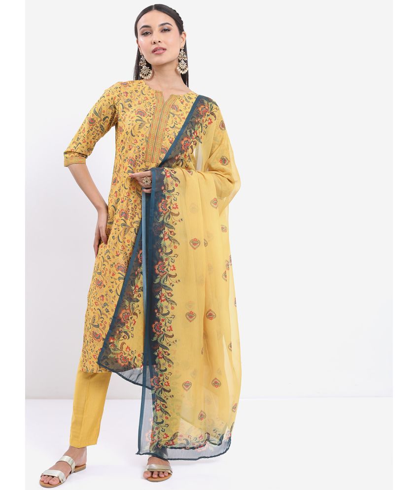     			Ketch Polyester Printed Kurti With Pants Women's Stitched Salwar Suit - Mustard ( Pack of 1 )