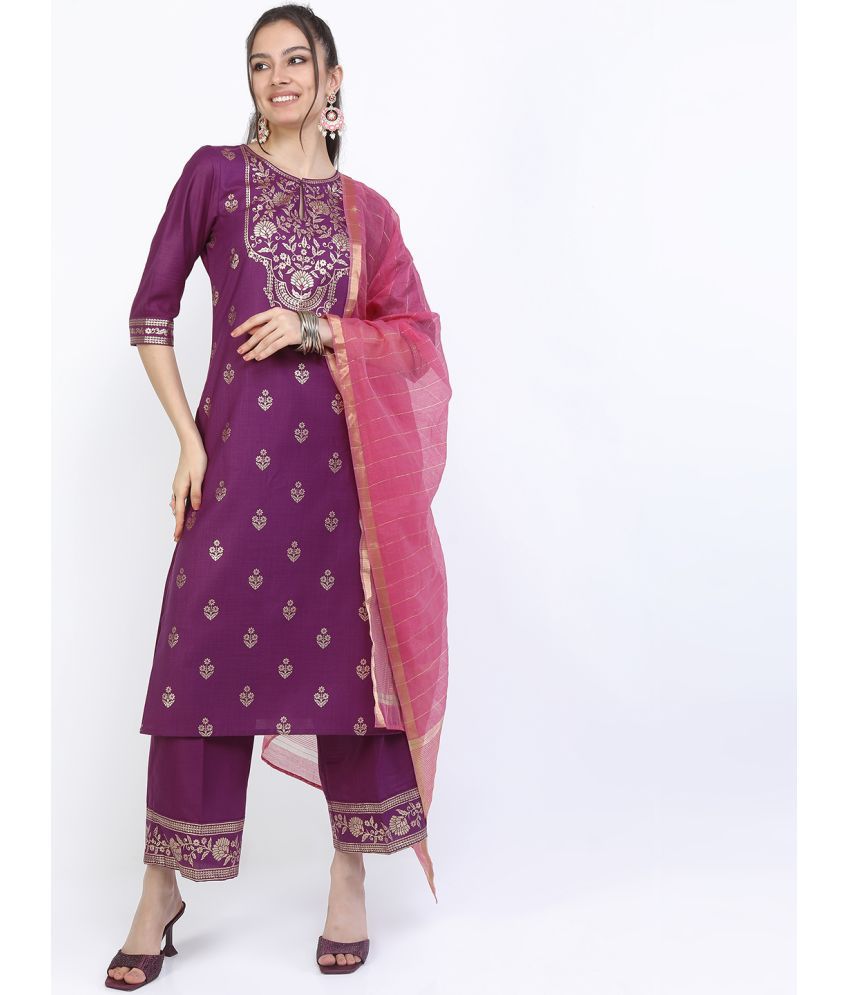     			Ketch Polyester Printed Kurti With Palazzo Women's Stitched Salwar Suit - Magenta ( Pack of 1 )