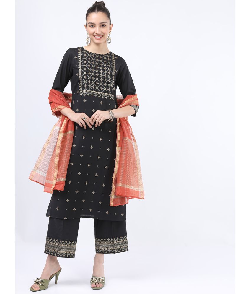     			Ketch Polyester Printed Kurti With Palazzo Women's Stitched Salwar Suit - Black ( Pack of 1 )