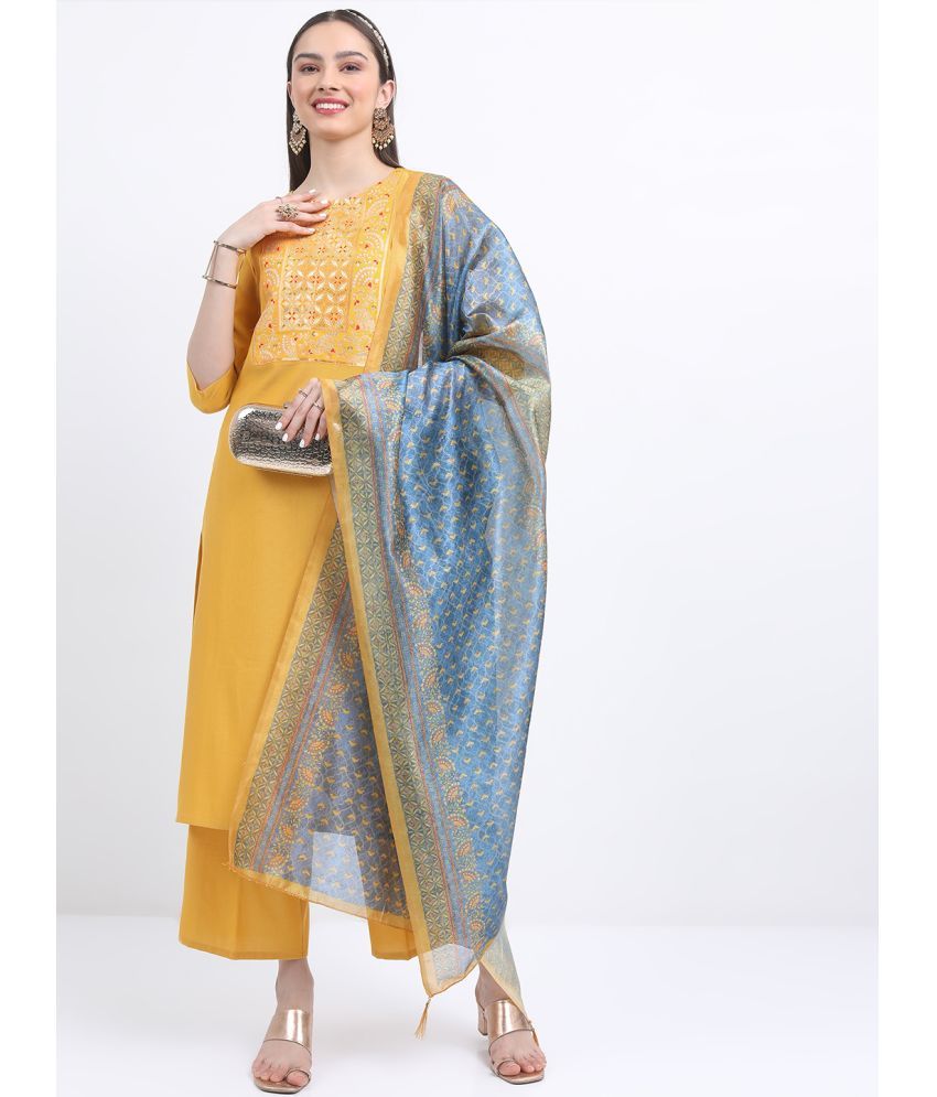     			Ketch Viscose Embellished Kurti With Palazzo Women's Stitched Salwar Suit - Yellow ( Pack of 1 )