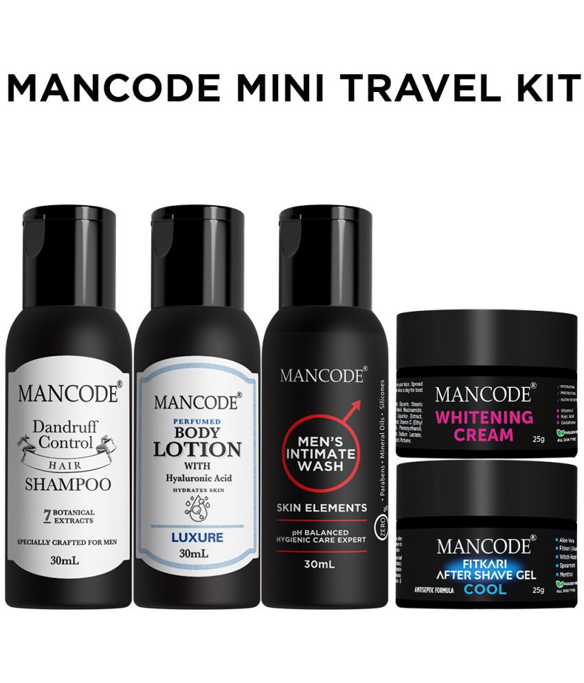     			Mancode Mens Travel Kit | Hair & Skin Care Premium Grooming Kit | Dandruff Control Shampoo, Luxure Body Lotion, Intimate Wash, Cool Fitkari After Shave Gel, Whitening Cream | Set Of 5, 140ml