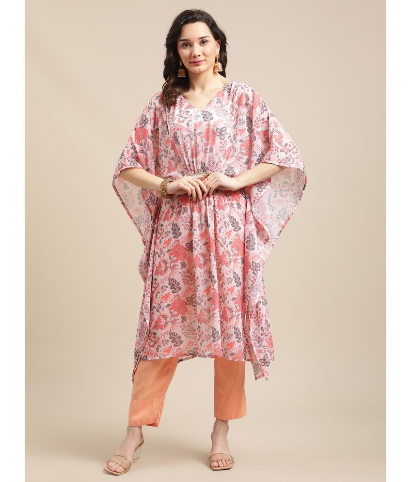    			Varanga Viscose Printed Kurti With Pants Women's Stitched Salwar Suit - Peach ( Pack of 1 )