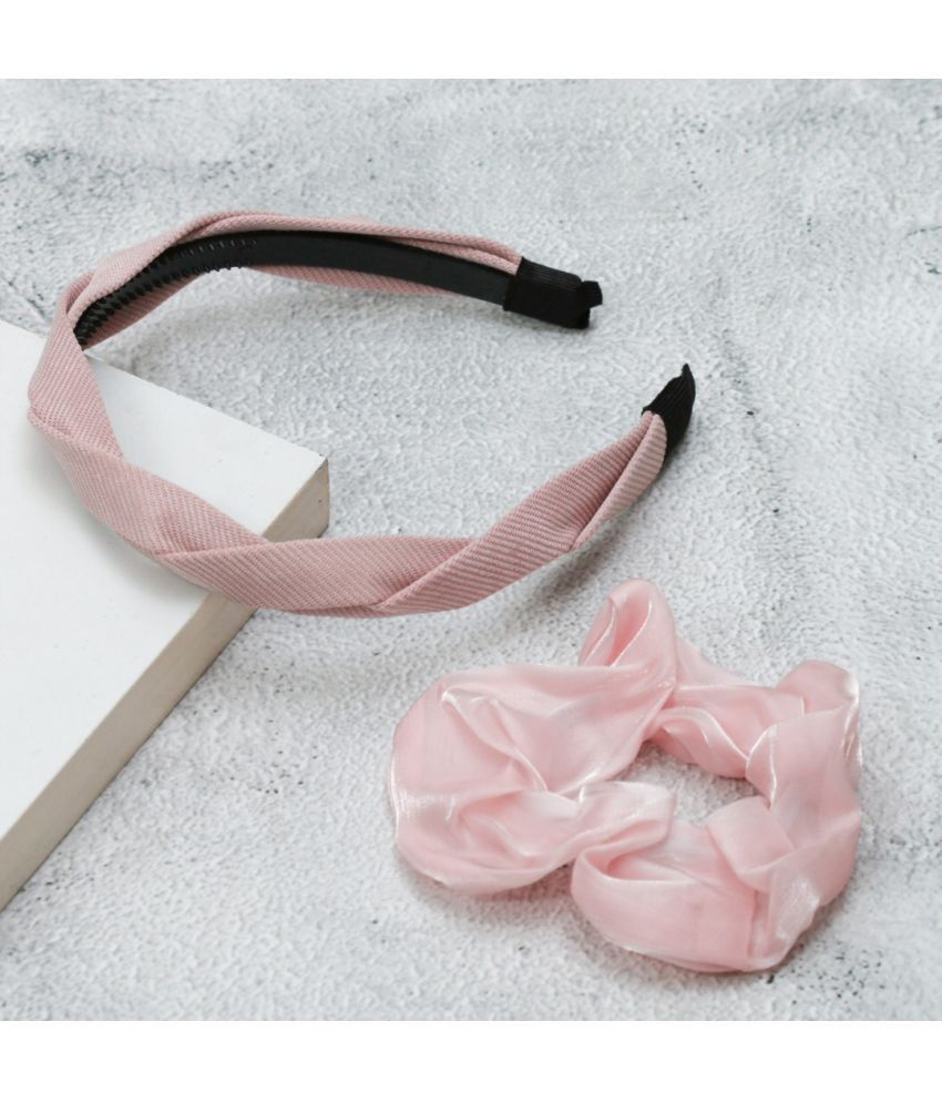     			Yellow Bee Solid Peach Hairband and Glossy Silk Scrunchie Combo- Peach