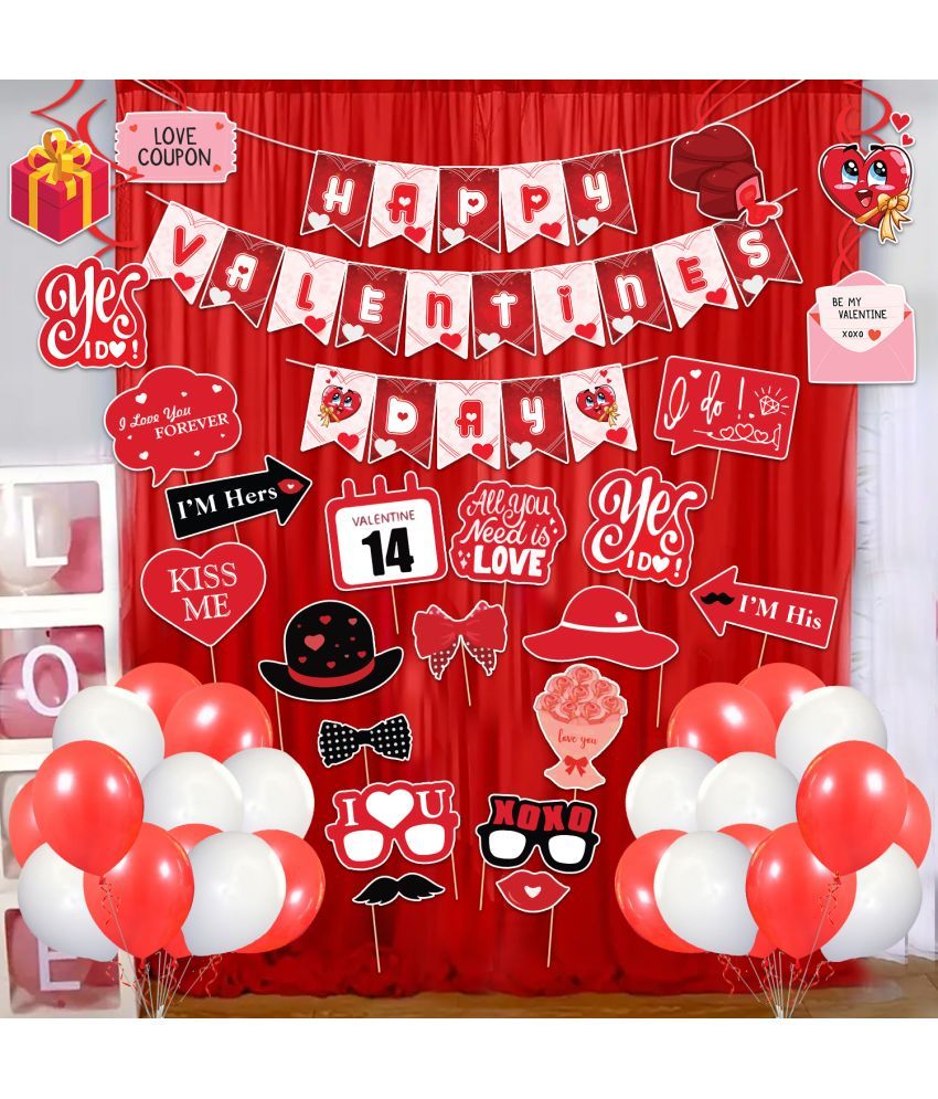     			Zyozi Happy Valentine’s Day Decoration Combo | Valentine’s Day Party Decorations | Party Decorations Set - Banner, Balloons, Photo Booth Props With Swirls & Red Net Curtain (Pack Of 50)