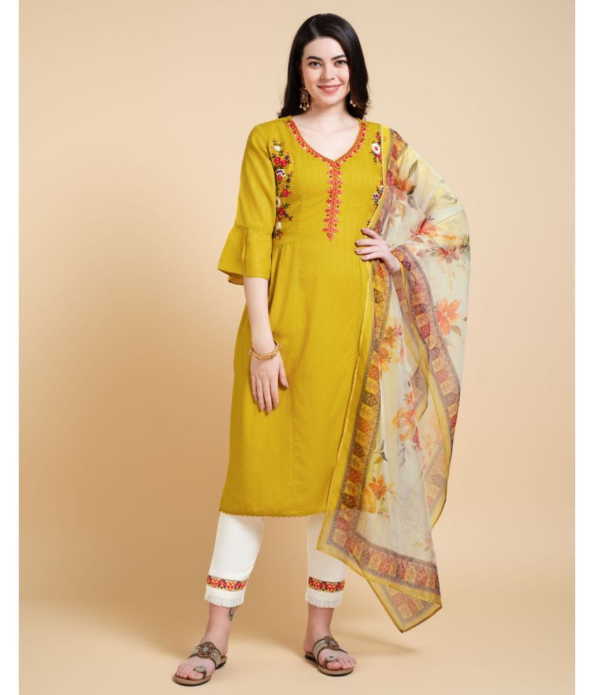     			MOJILAA Rayon Embroidered Kurti With Pants Women's Stitched Salwar Suit - Mustard ( Pack of 1 )