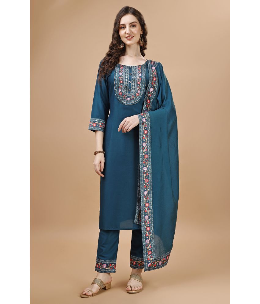     			MOJILAA Silk Printed Kurti With Pants Women's Stitched Salwar Suit - Teal ( Pack of 1 )