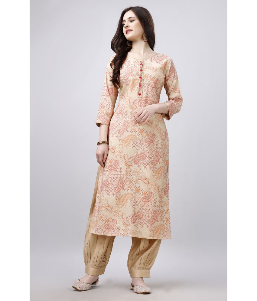     			MOJILAA Viscose Printed Kurti With Salwar Women's Stitched Salwar Suit - Beige ( Pack of 1 )