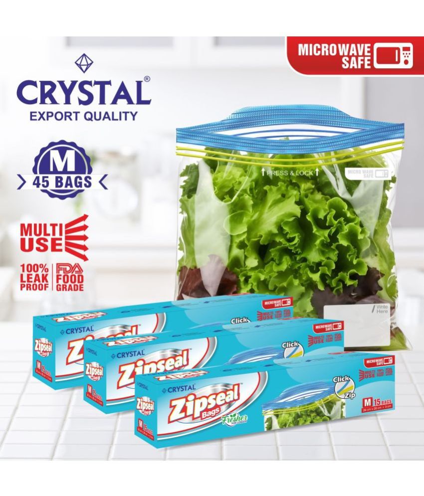     			Crystal Plastic Transparent ZipSeal Medium Size Storage Bags Pack of 3 (15 pieces each)