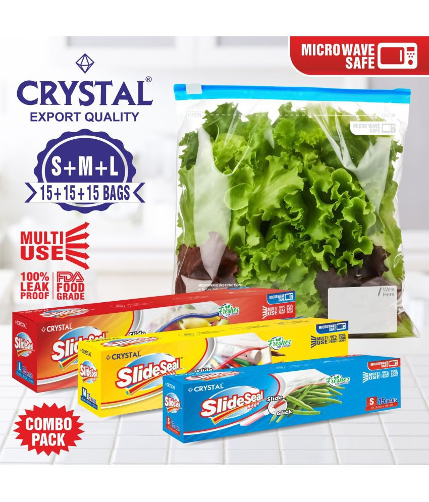     			Crystal Plastic Transparent SlideSeal Small+Medium+Large Storage Bags Pack of 3 (15 pieces each)