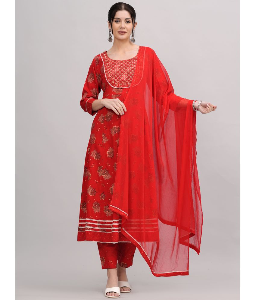     			JC4U Rayon Printed Kurti With Pants Women's Stitched Salwar Suit - Red ( Pack of 1 )
