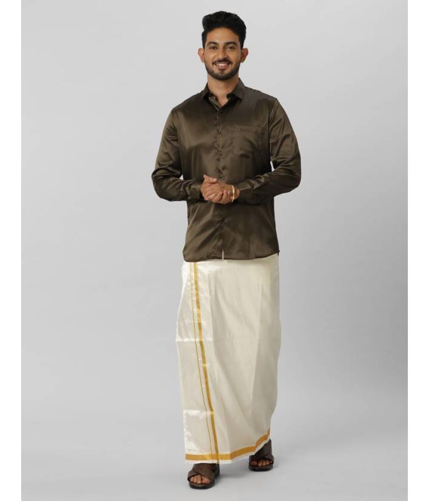     			Ramraj cotton Brown Polyester Slim Fit Men's Dhoti Shirt Set ( Pack of 1 )