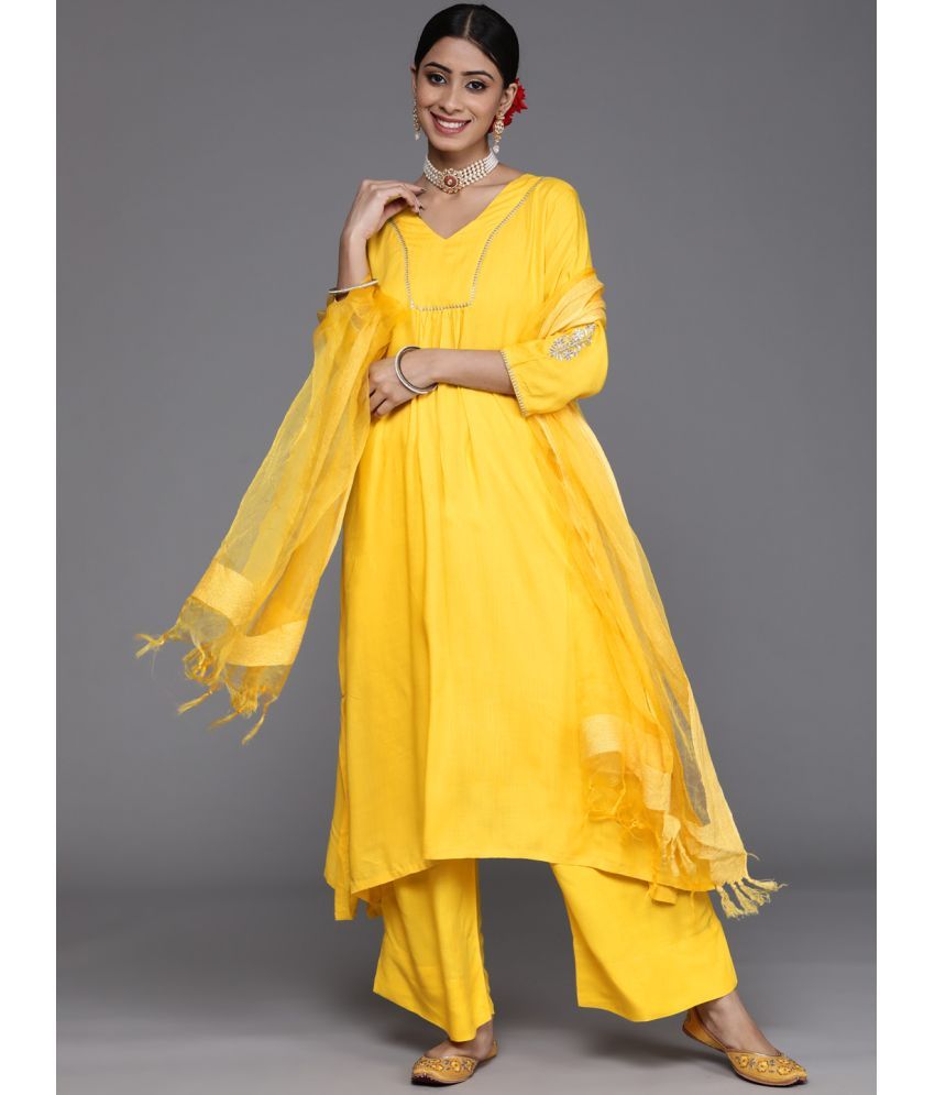     			Varanga Silk Blend Self Design Kurti With Pants Women's Stitched Salwar Suit - Yellow ( Pack of 1 )