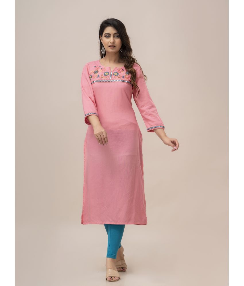     			Frionkandy Rayon Embroidered Straight Women's Kurti - Pink ( Pack of 1 )