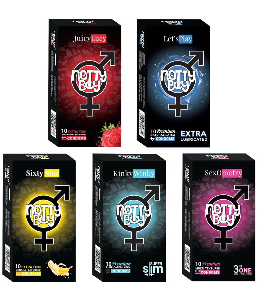     			NottyBoy Family Combo Pack 3 IN 1, Ribbed, Extra Lubricated, Ultra Thin, Strawberry & Banana Flavoured Condoms - 50 Units