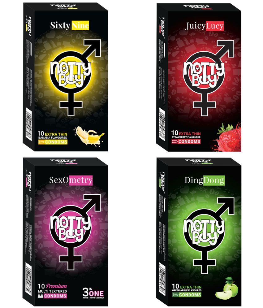     			NottyBoy Variety Pack Strawberry Banana Fruit Flavour and 3 IN 1, Ribbed, Dotted, Contour, Condoms  For Men - 40 Units