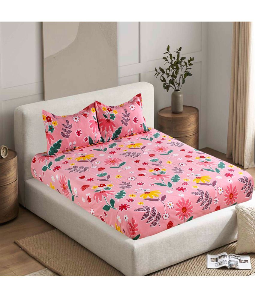     			Welhouse India Cotton Floral 1 Double Bedsheet with 2 Pillow Covers - Pink