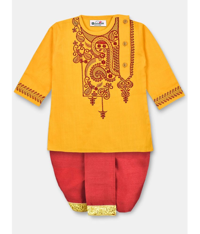     			mustmom Bright Ethnic Embroidered Full Sleeves Dhoti Kurta Set for Baby Boy Rice Ceremony