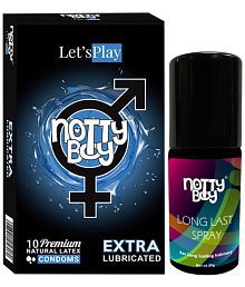 NottyBoy  Long Last Delay Spray For Men 20g, Extra Lubricated Condoms - Pack of 1