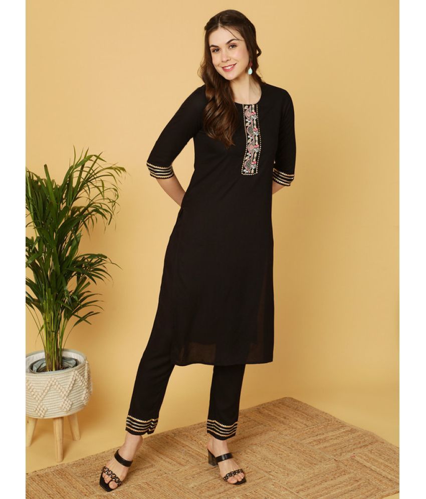     			Antaran Viscose Embroidered Kurti With Pants Women's Stitched Salwar Suit - Black ( Pack of 1 )