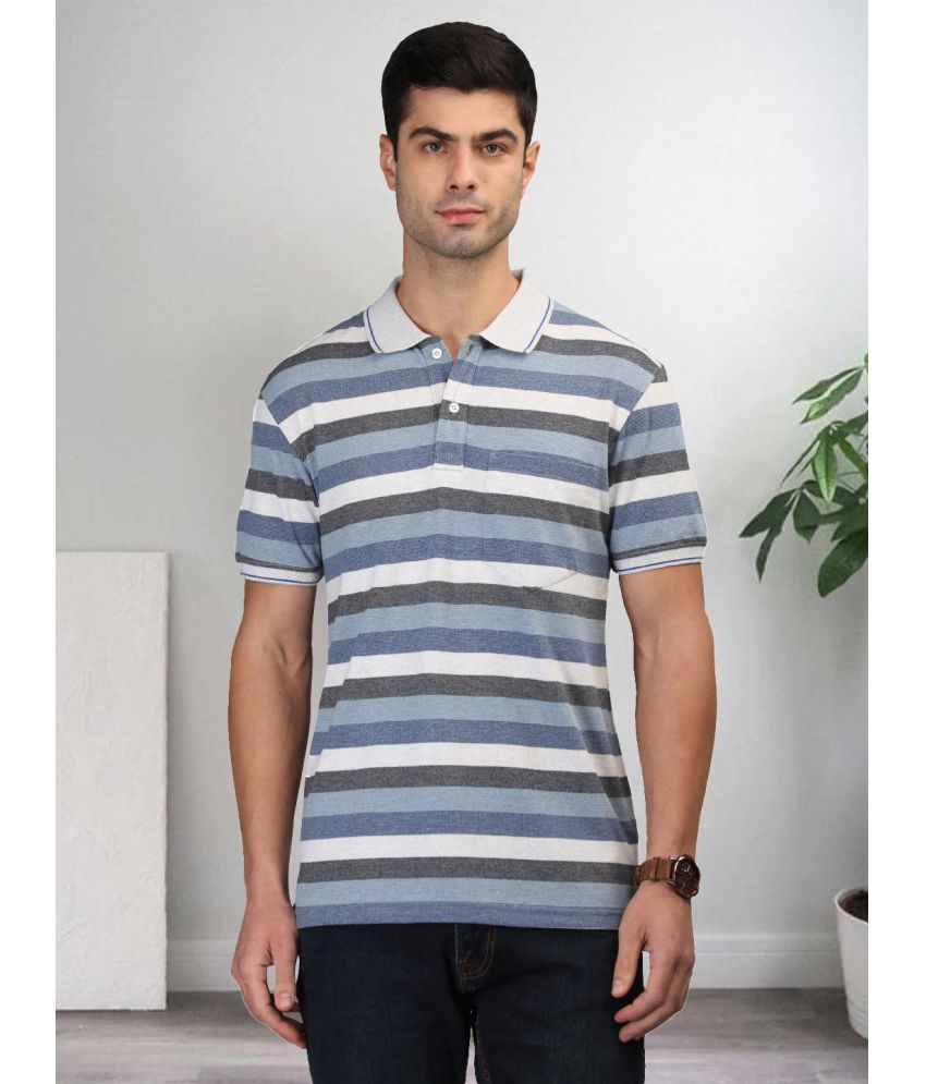     			Chkokko Cotton Blend Regular Fit Striped Half Sleeves Men's Polo T Shirt - Blue ( Pack of 1 )