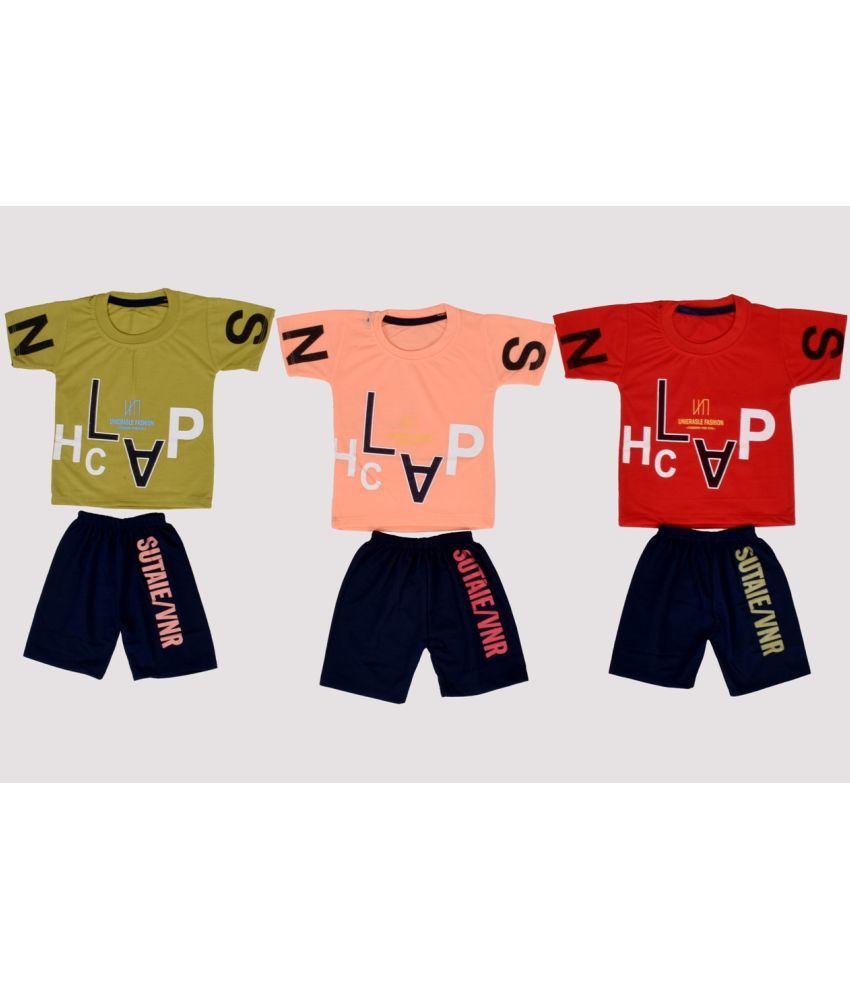     			DIAMOND EXPORTER Multicolor Cotton Blend Boys T-Shirt & Capris ( Pack of 3 )