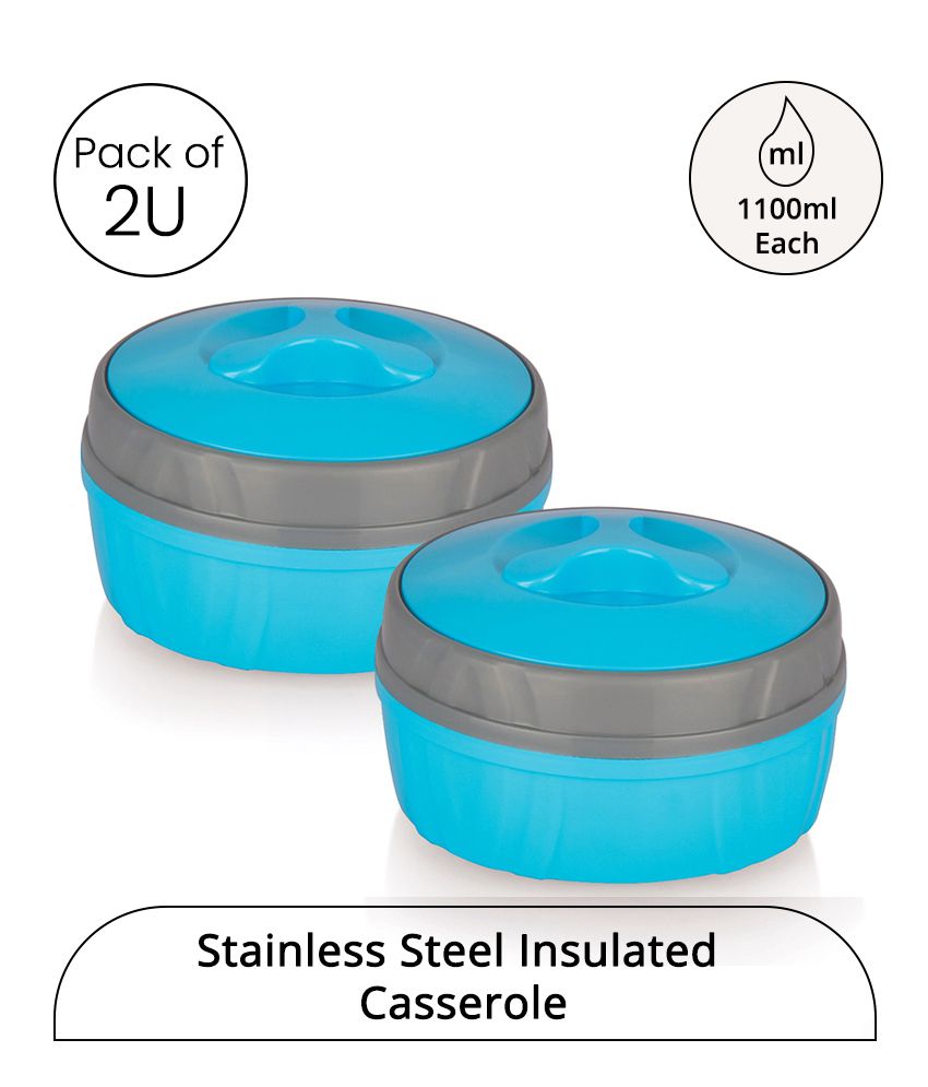     			HOMETALES Stainless Steel Double Walled Insulated Thermoware Casserole 1100ml Each, Blue, (2U)