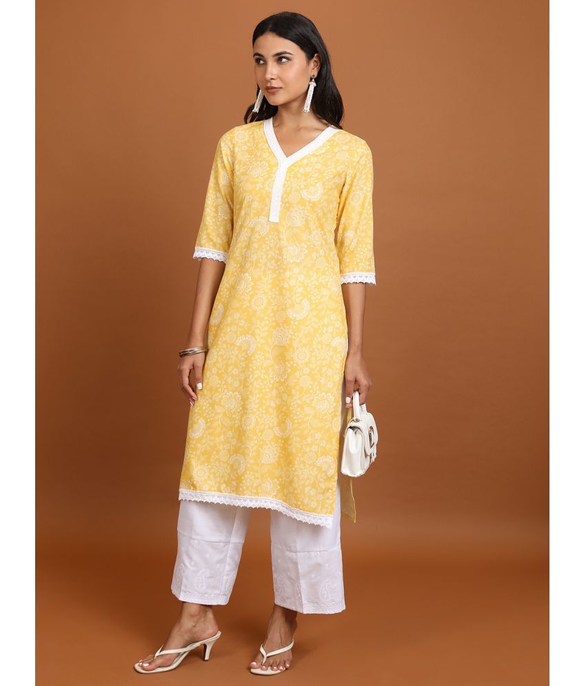     			Ketch Cotton Blend Printed Straight Women's Kurti - Yellow ( Pack of 1 )