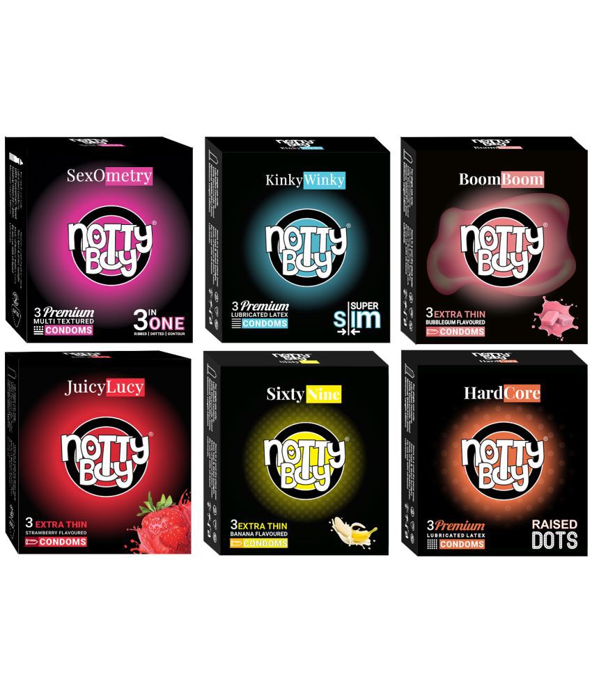     			NottyBoy Combo Pack Strawberry, Bubblegum & Banana Flavoured, Ultra Thin, 3IN1, Raised Dots, Ribbed, Contoured Condoms- 18 Units
