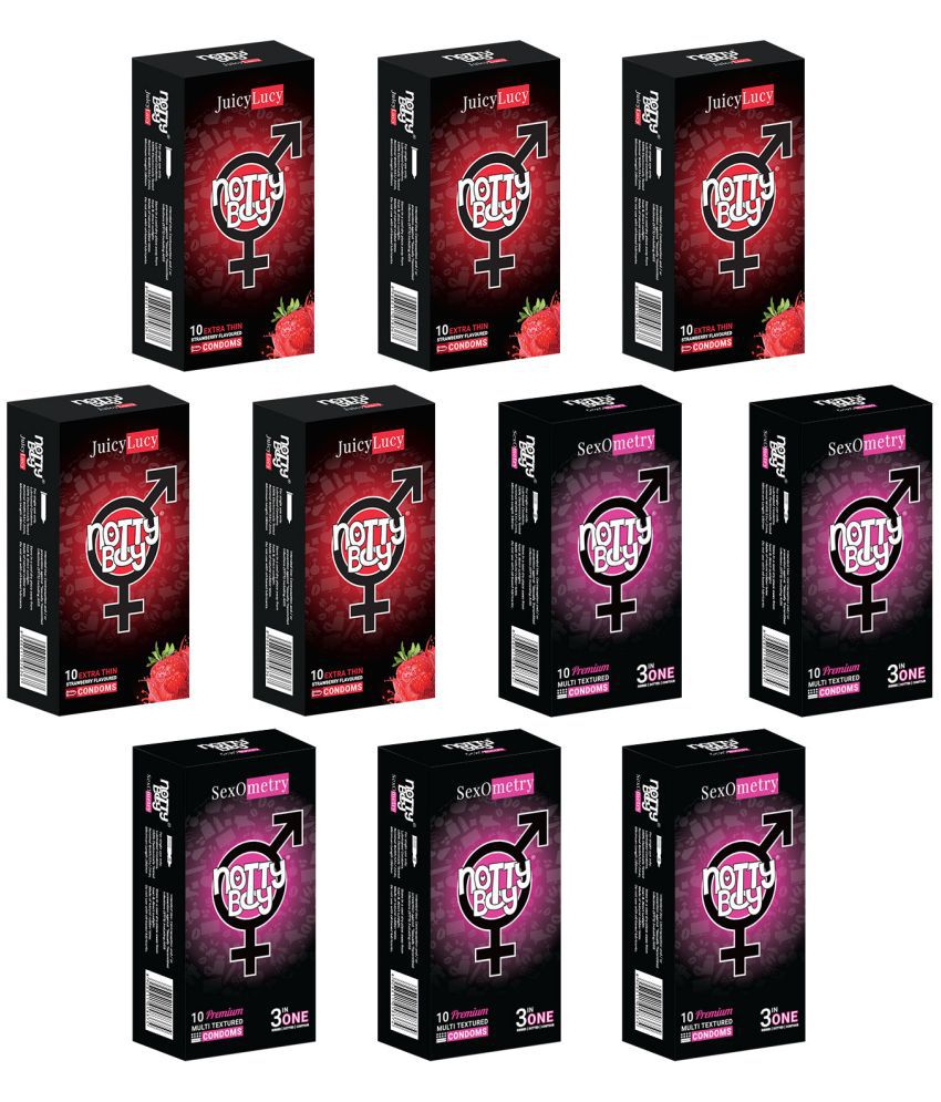     			NottyBoy Ribbed Dotted Contour And Strawberry Flavoured Condoms - 100 Units