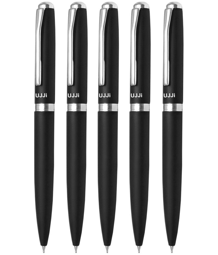     			UJJi Black Color Matte Finish Body Pack of 5 Twist Mechanism (Blue Ink) Metal Ball Pen