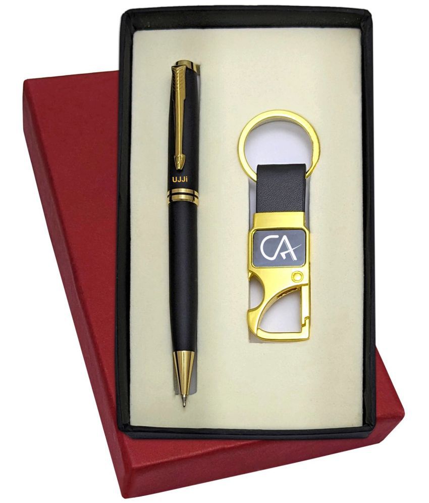    			UJJi CA Logo Engraved Brass Body Black Colour Pen & Metal Hook Keychain