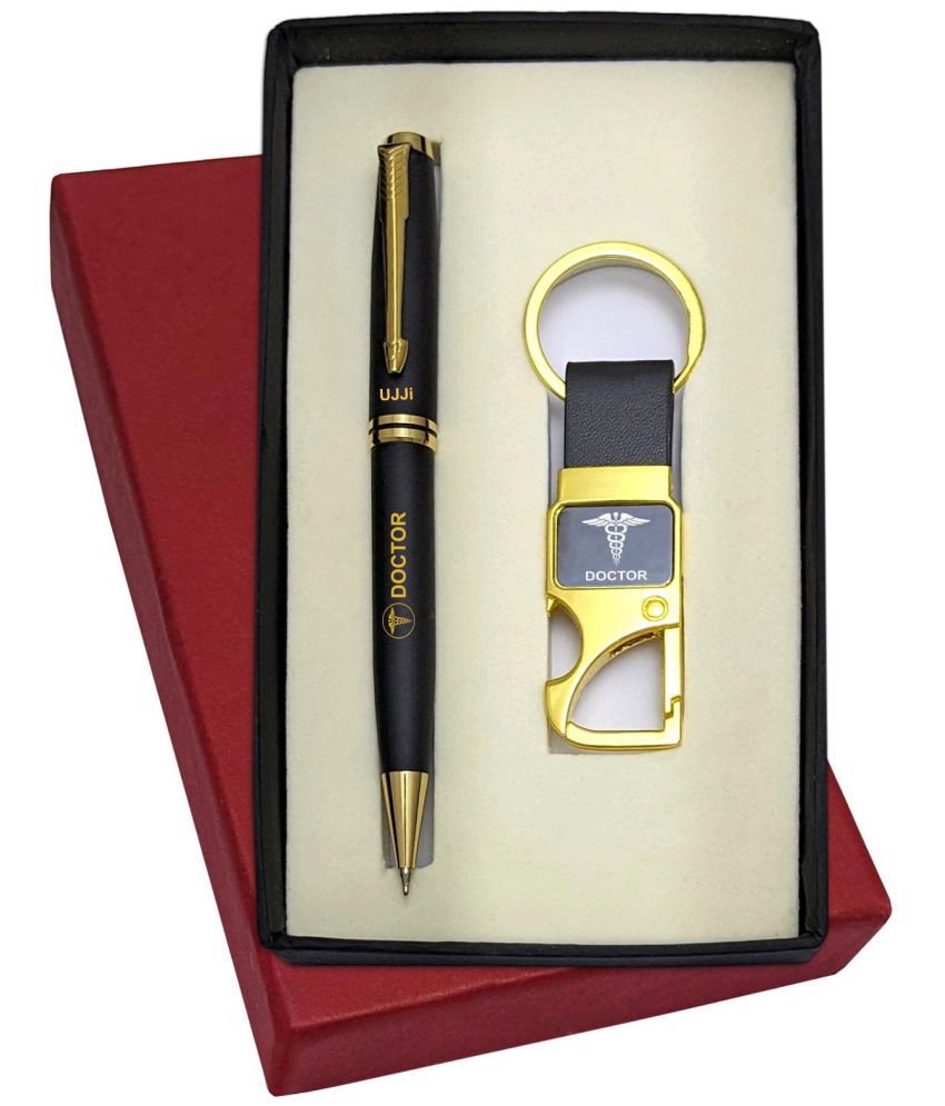     			UJJi Doctor Logo Engraved Brass Body Black Colour Pen & Metal Hook Keychain