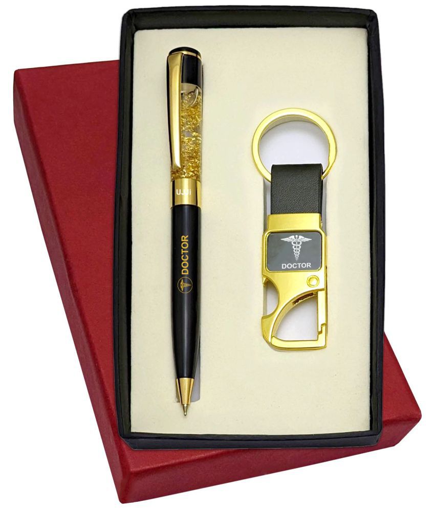     			UJJi Doctor Logo Printed Golden Gel Filled Brass Body Ball Pen & Hook Keychain