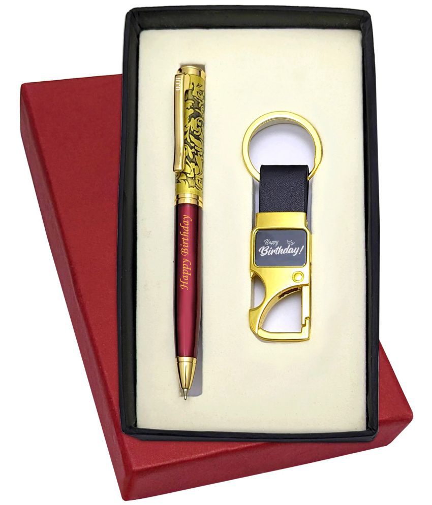     			UJJi Happy Birthday Printed Antique Design Maroon Color Brass Body Pen &  Key Ring