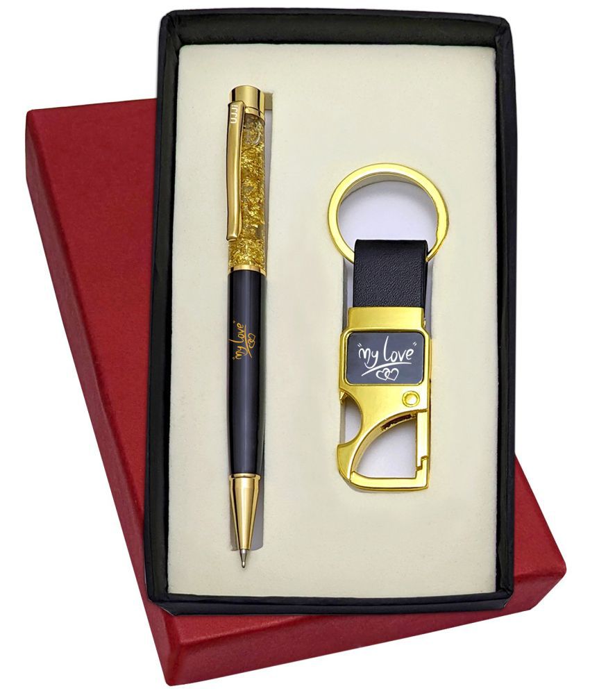     			UJJi My Love Printed Golden Gel Filled Brass Body Ball Pen & Hook Keychain
