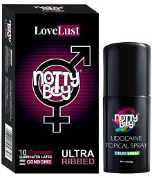 NottyBoy - Long last Delay Spray 2g And Love Lust Ultra Ribbed Condom Pack of 2