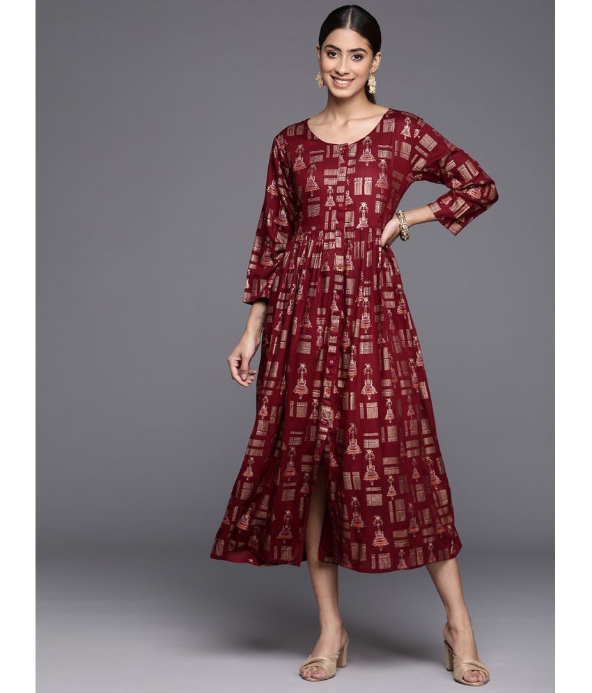     			Varanga Viscose Printed Midi Women's A-line Dress - Maroon ( Pack of 1 )