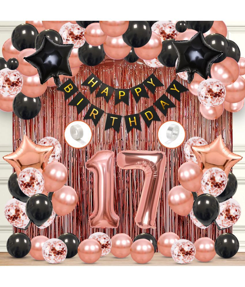     			Zyozi Black & Rosegold Theme Birthday Decoration Set,17th Year Birthday Decorations, Backdrop Decorations Kit - Banner, Balloons,Star Foil Balloons, Foil Curtains,Confetti Balloons - 71 Pcs