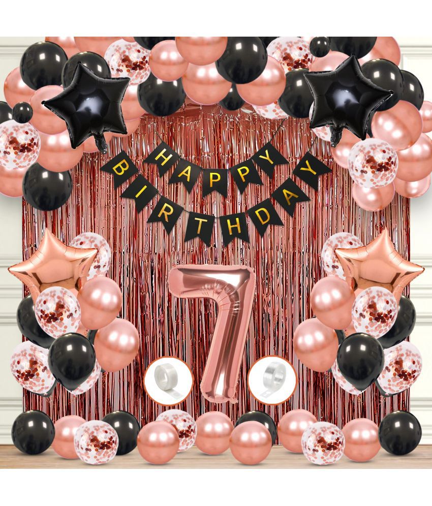     			Zyozi Rosegold & Black Theme Decorations For Birthday | 7th Year Birthday Backdrop Decorations Set - Banner, Star Foil Balloons, Balloons, Foil Curtains, Confetti Balloons (Pack Of 70)