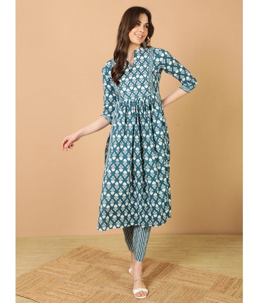     			Antaran Cotton Printed Kurti With Pants Women's Stitched Salwar Suit - Blue ( Pack of 1 )