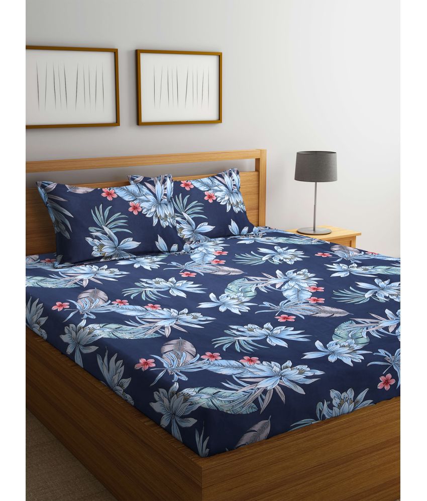     			Klotthe Poly Cotton Floral Printed 1 Double Bedsheet with 2 Pillow Covers - Blue