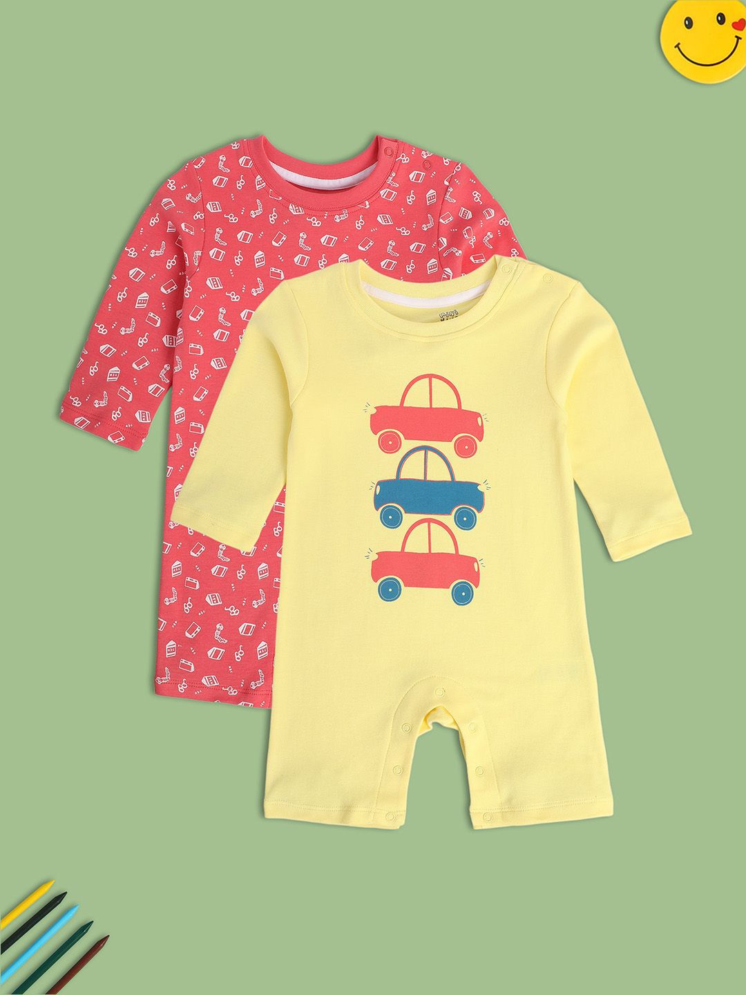    			miniklub Multicolor Cotton Rompers For Baby Boy ( Pack of 2 )