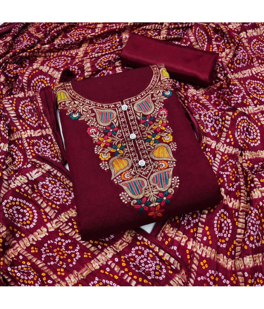     			pandadi saree Unstitched Banarasi Embroidered Dress Material - Maroon ( Pack of 1 )