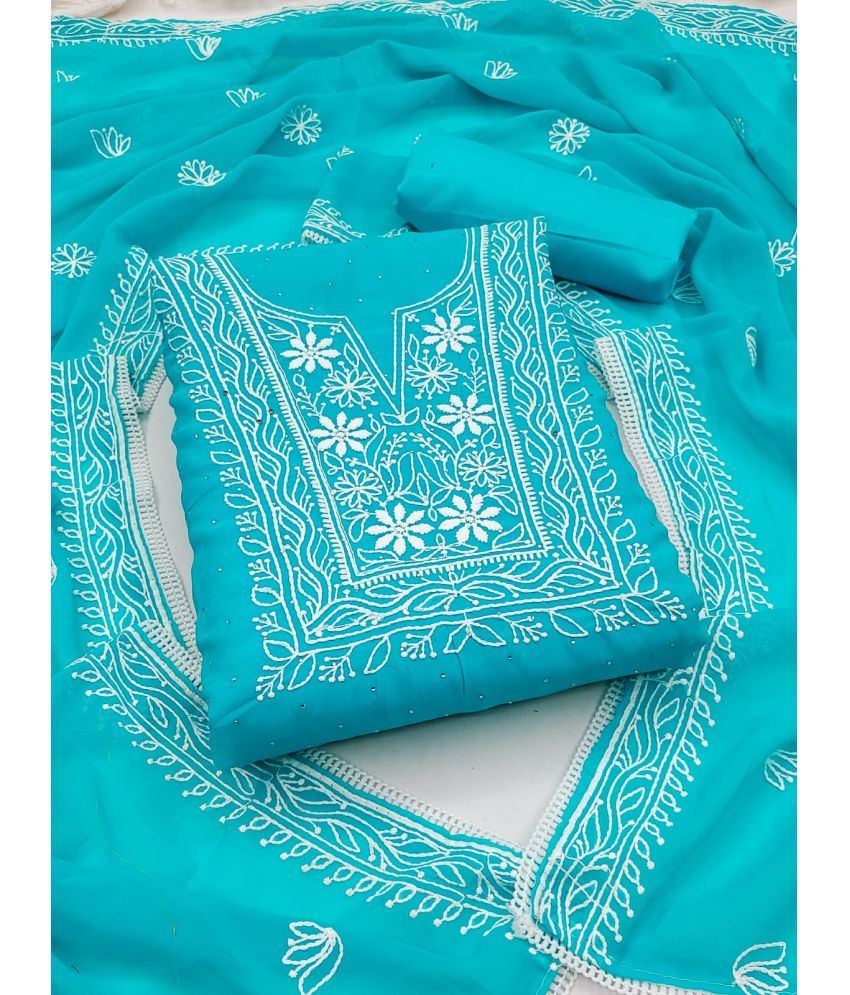     			pandadi saree Unstitched Georgette Embroidered Dress Material - Blue ( Pack of 1 )