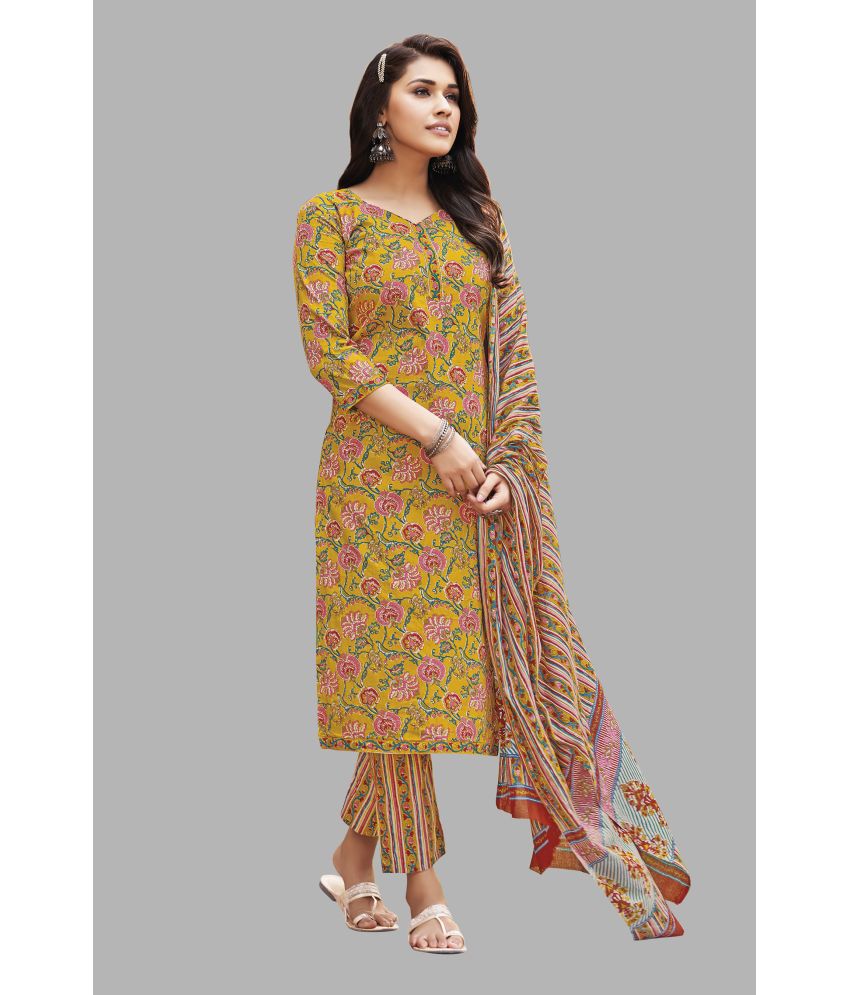     			shree jeenmata collection Cotton Printed Kurti With Pants Women's Stitched Salwar Suit - Yellow ( Pack of 1 )