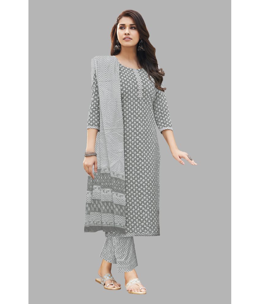     			shree jeenmata collection Cotton Printed Kurti With Pants Women's Stitched Salwar Suit - Dark Grey ( Pack of 1 )