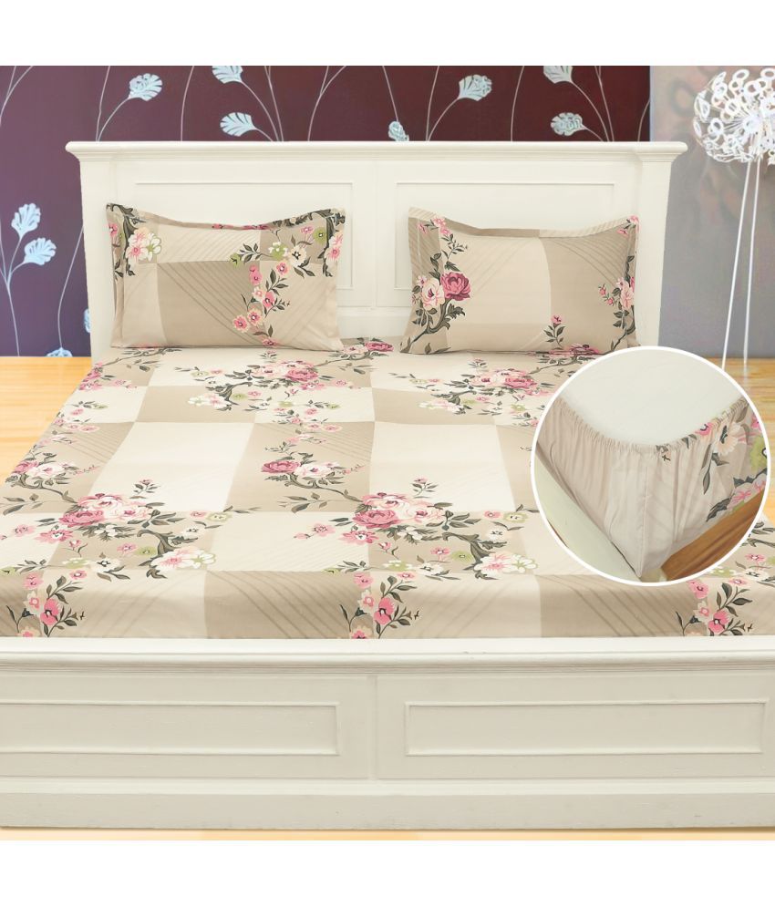     			Aakriti Homes Microfibre Floral Fitted 1 Bedsheet with 2 Pillow Covers ( Double Bed ) - Beige