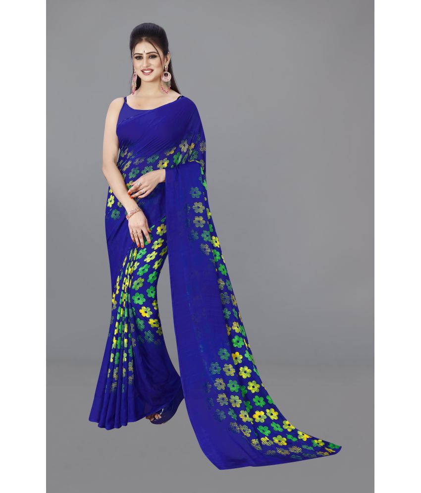     			Kashvi Sarees Georgette Printed Saree Without Blouse Piece - Blue ( Pack of 1 )