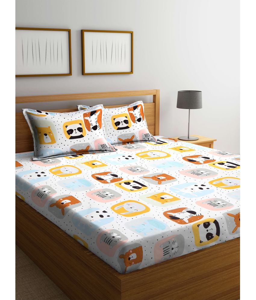     			Klotthe Poly Cotton Animal 1 Double King Size Bedsheet with 2 Pillow Covers - White